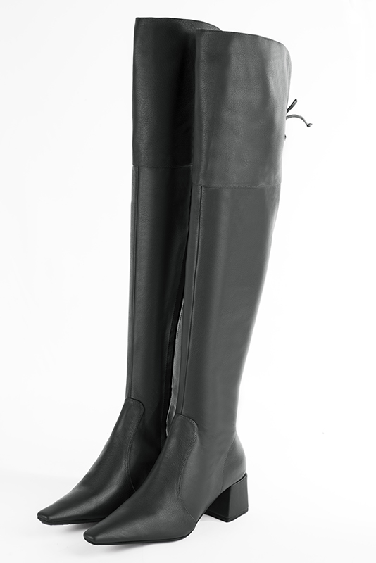 Dark grey women's leather thigh-high boots. Tapered toe. Medium block heels. Made to measure. Front view - Florence KOOIJMAN